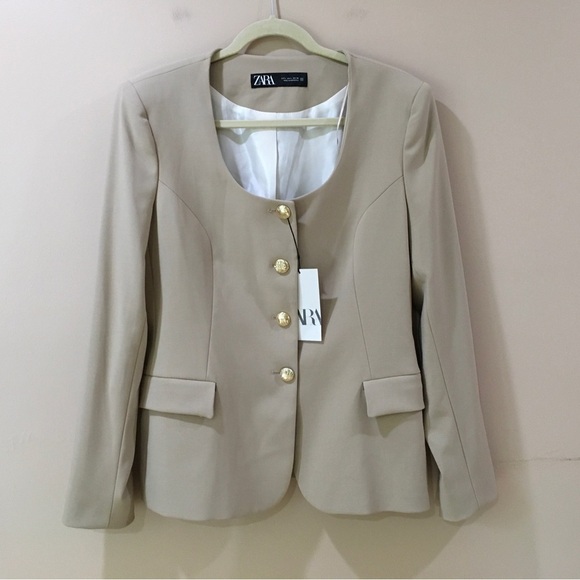 Zara Tailored Blazer Jacket buttons beige size L Womens - Picture 3 of 10